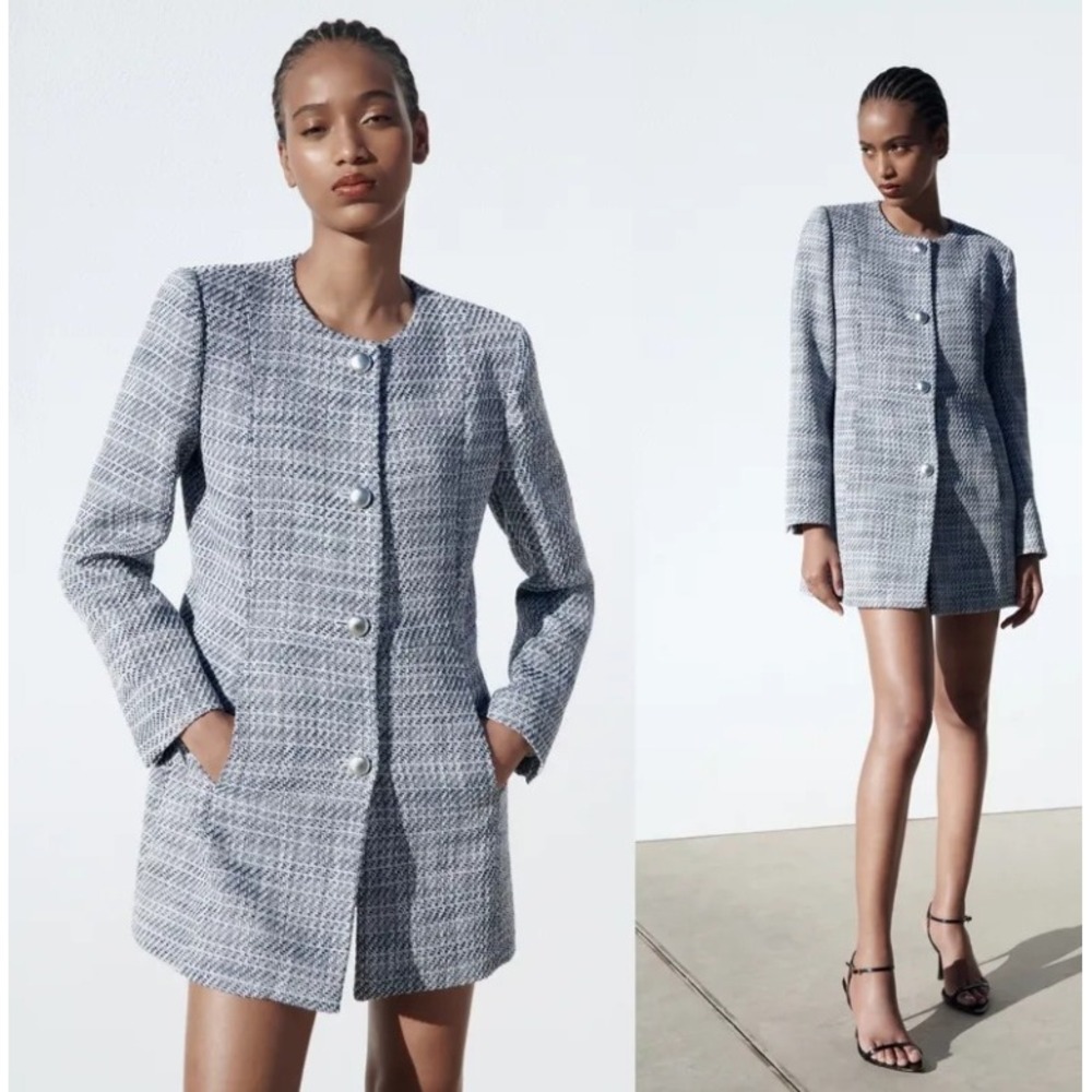 Zara Blue White Textured Weave Longline Blazer Coat Silver Button Medium